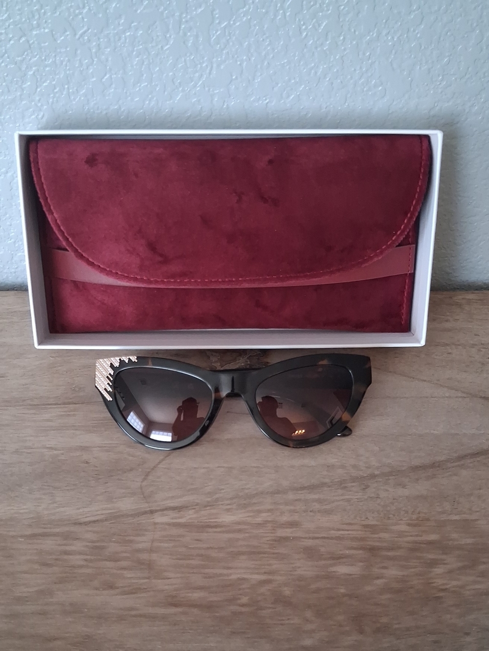 Guess by Marciano Burgundy Suede Case with Tortoiseshell Cat-Eye Sunglasses